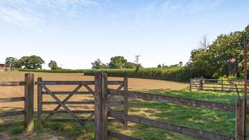A wooden gate leading to a grassy field with a fence and trees in the background.