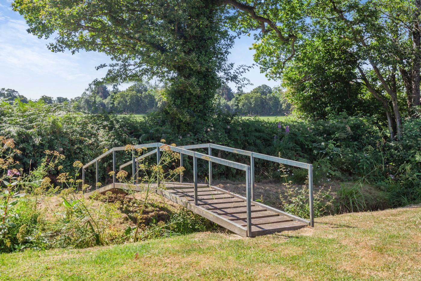 A wooden bridge with metal railings in a lush, green park setting.