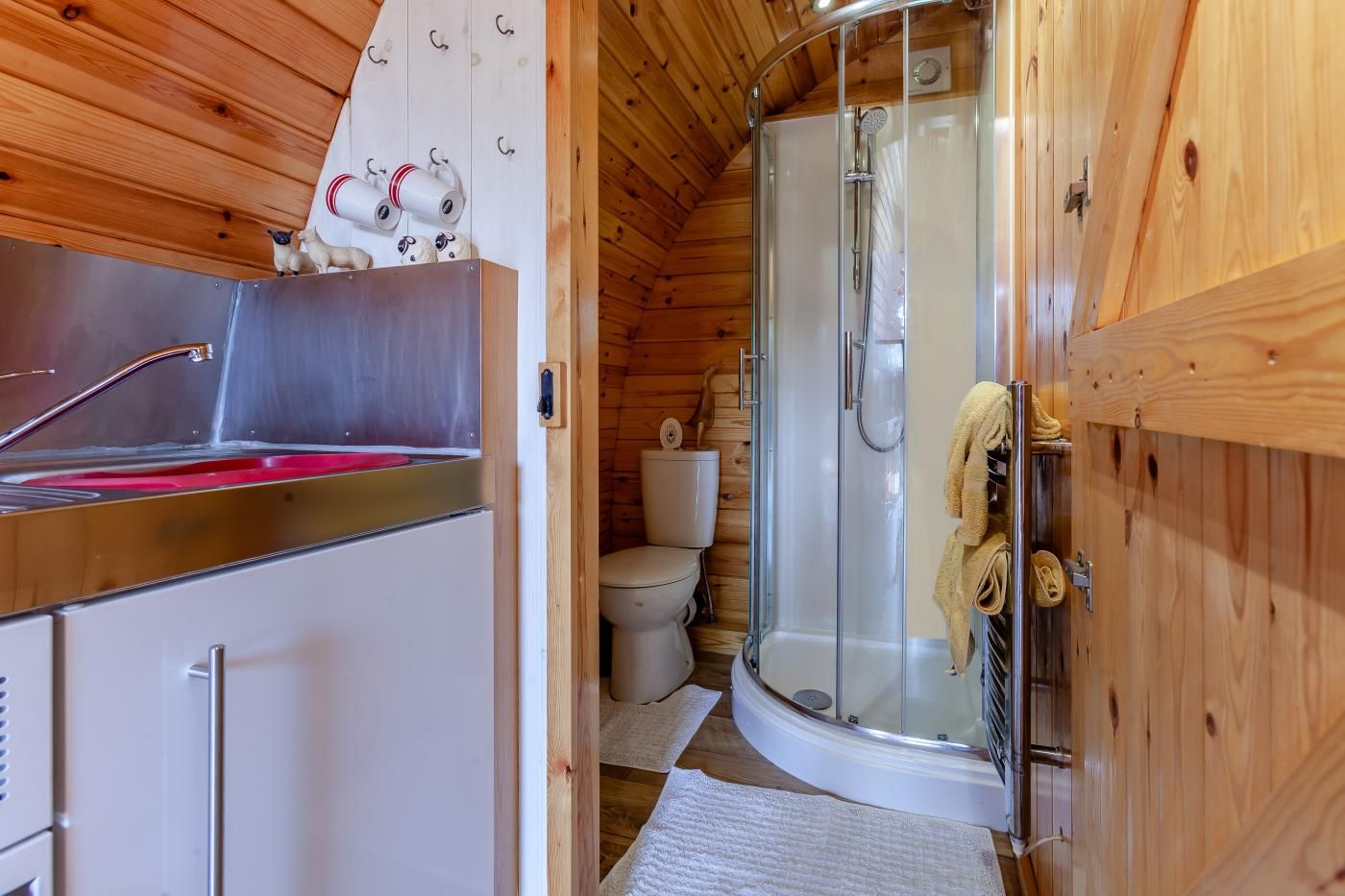 A compact wooden cabin with a kitchenette, a toilet, and a glass-enclosed shower.