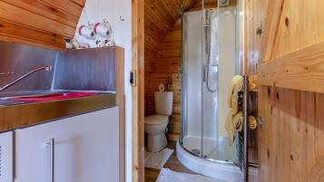 A compact wooden cabin with a kitchenette, a toilet, and a glass-enclosed shower.