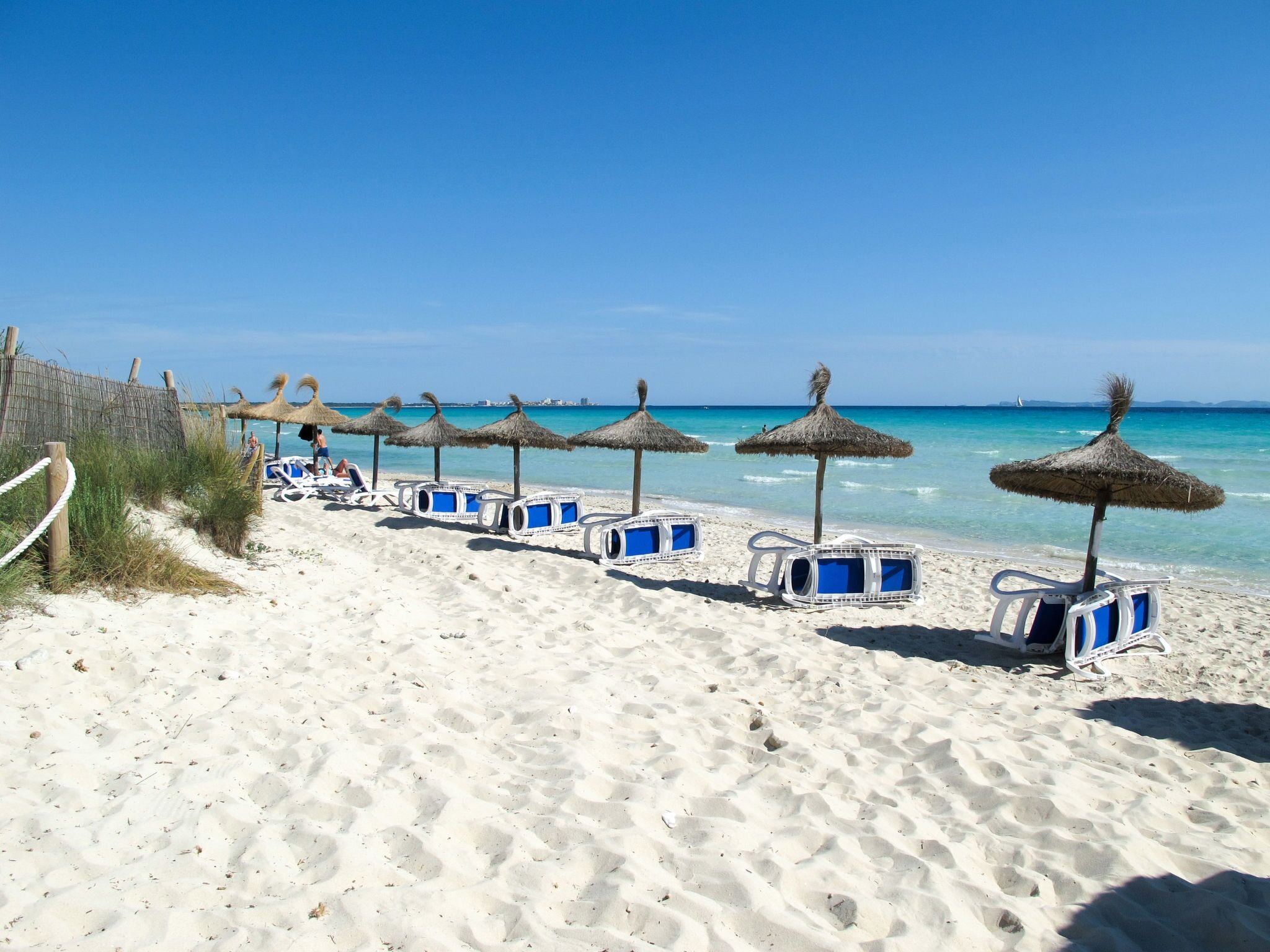 Una spiaggia con file di lettini e ombrelloni di paglia, un sentiero sabbioso e l'oceano sullo sfondo.