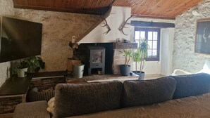 Un intérieur rustique avec une cheminée en pierre, des poutres en bois et un téléviseur fixé au mur.