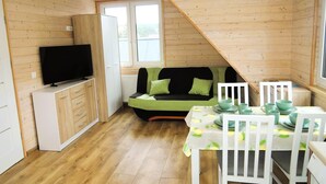 Une pièce de taille modeste comprenant un canapé, une table à manger avec des chaises, un téléviseur posé sur un meuble et une fenêtre.