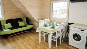 Une pièce de taille modeste avec un plafond en pente en bois, un canapé vert agrémenté de coussins, une table à manger avec des chaises et un lave-linge.