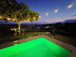 A swimming pool with a green-lit interior, surrounded by potted plants and string lights.