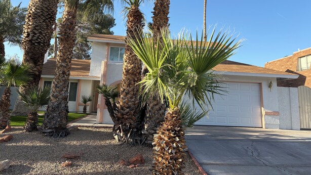 A residential area with palm trees, a house with a garage, and a clear sky.