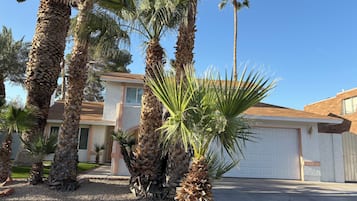 Una zona residencial con palmeras, una casa con garaje y cielo despejado.