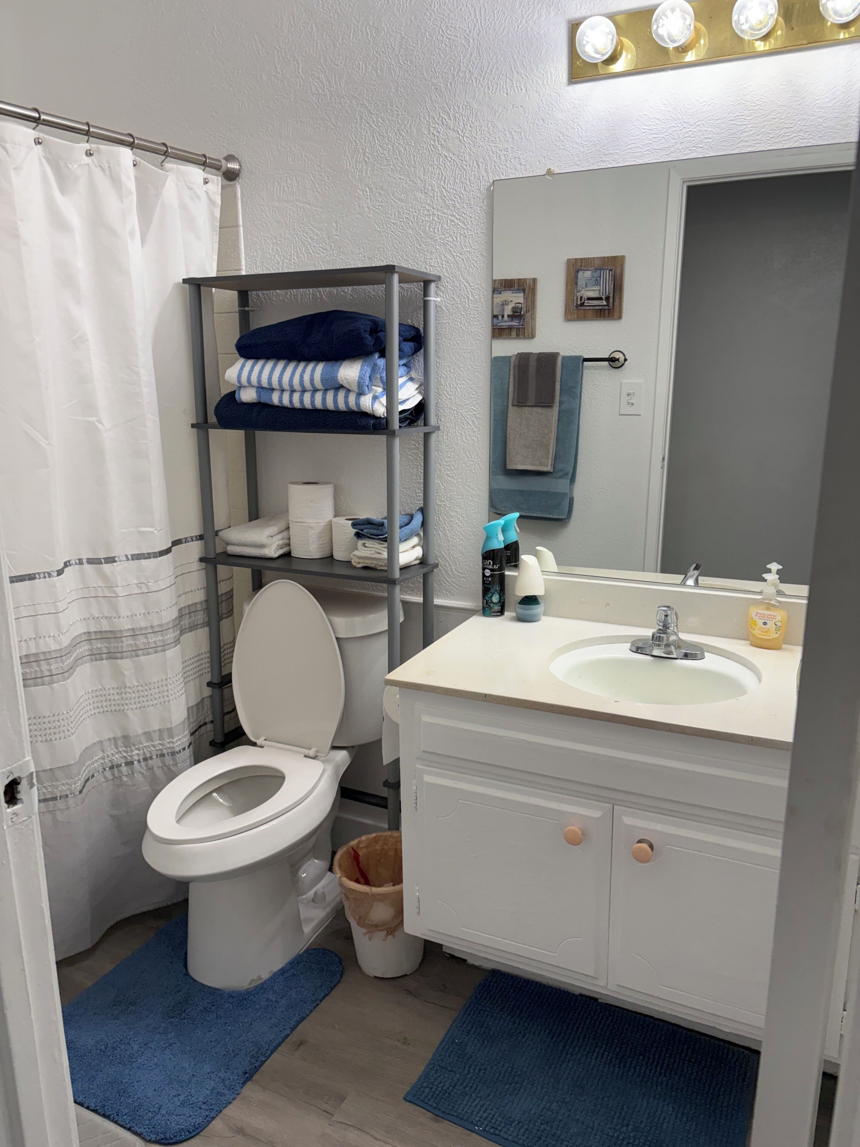 Un baño con inodoro, lavabo, espejo, estante con toallas y cortina de ducha.