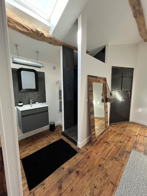 Une salle de bain moderne avec un puits de lumière, un grand miroir, un lavabo et une douche.