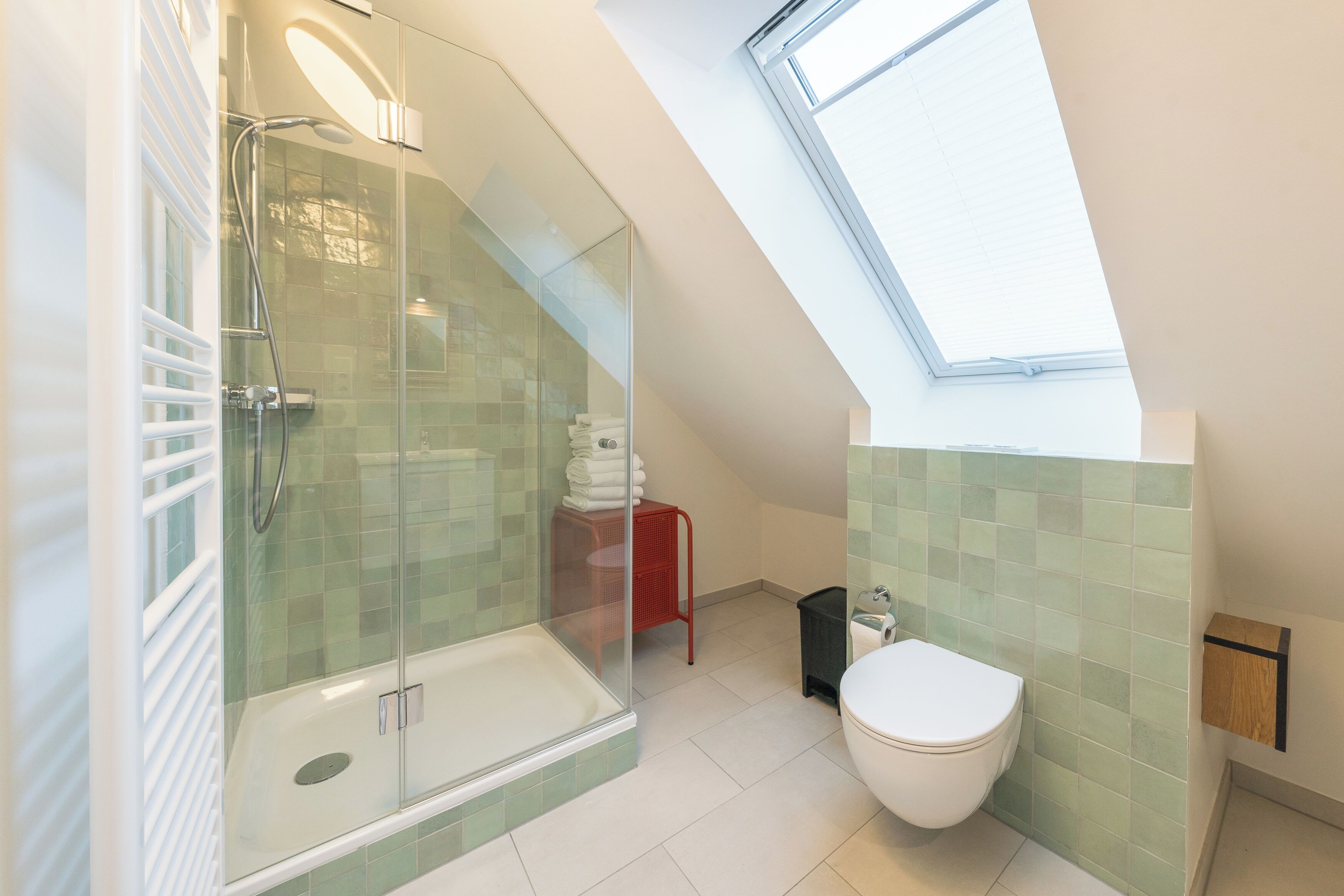 A modern bathroom with a glass-enclosed shower, a toilet, and a skylight.