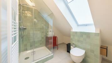 A modern bathroom with a glass-enclosed shower, a toilet, and a skylight.