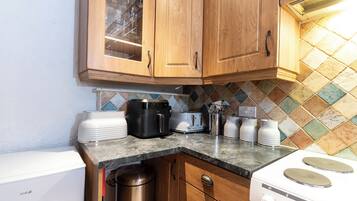 Fridge, microwave, electric kettle, toaster