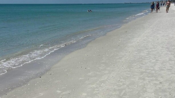 A sandy beach with clear water, a few people walking, and distant buildings. - Central located cozy cabin with resort amenities (Naples)