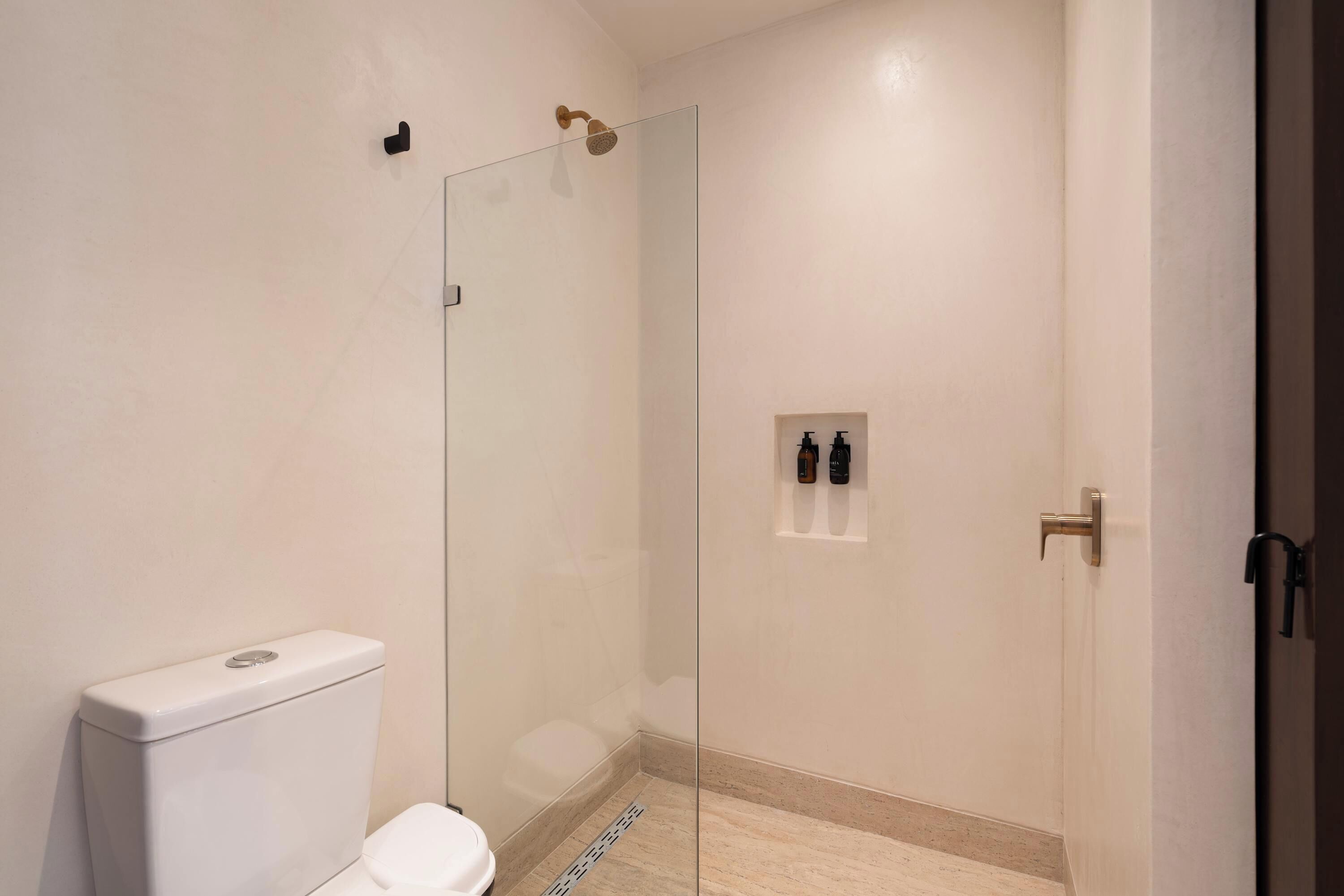 A modern bathroom with a glass shower enclosure, a toilet, and a small shelf with toiletries.