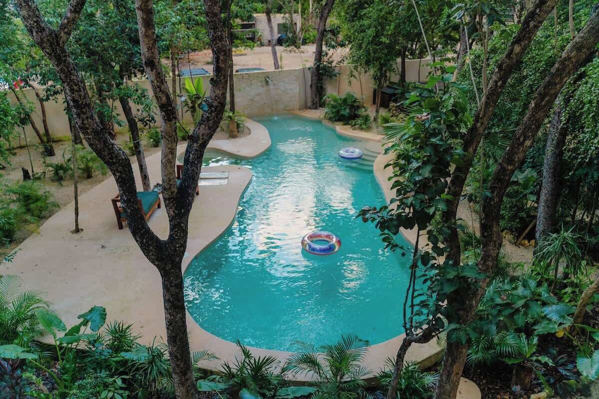 Ein von Bäumen und Pflanzen umgebener Pool.