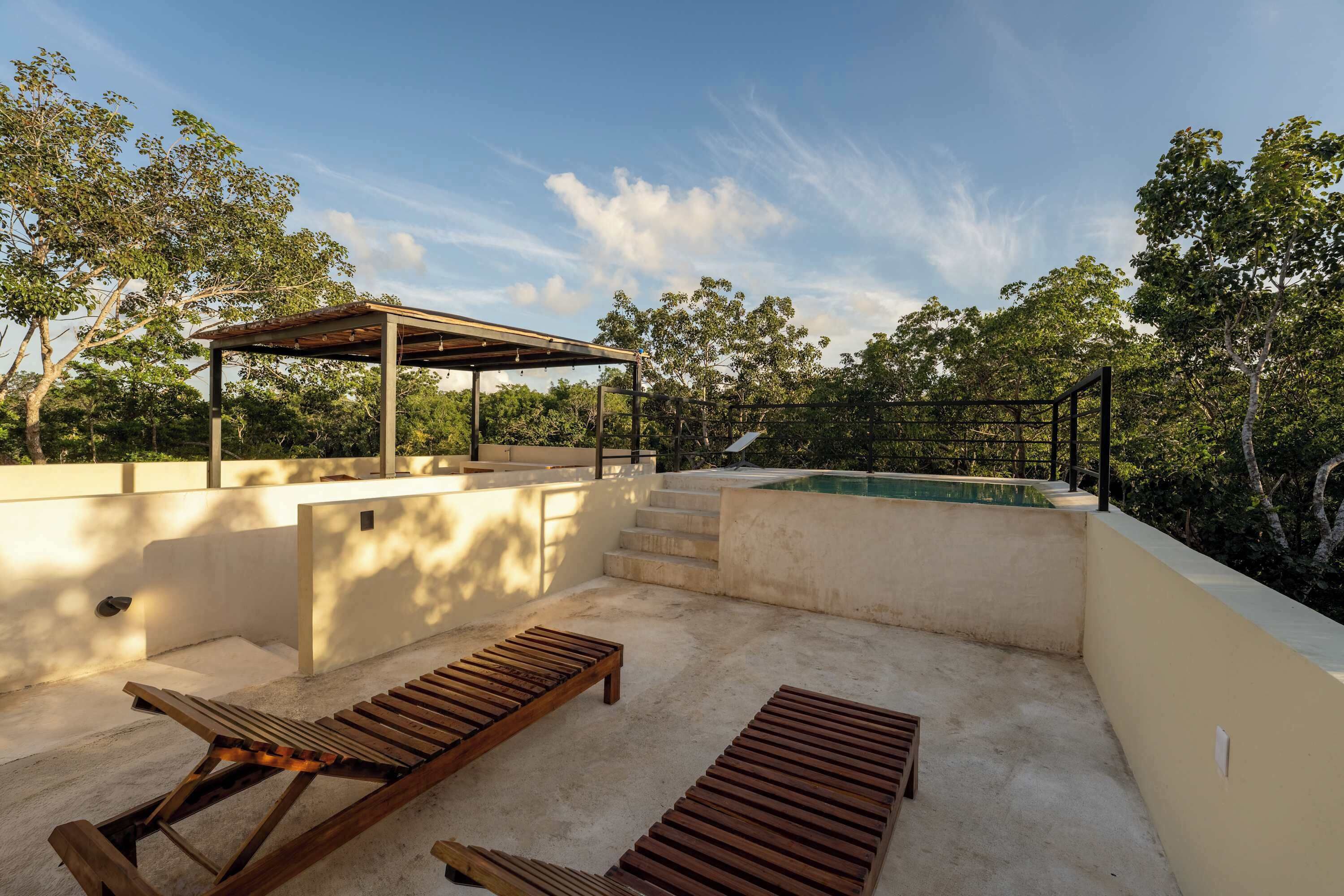 Terraza en la azotea con piscina, tumbonas de madera, un pérgola y vistas a árboles.