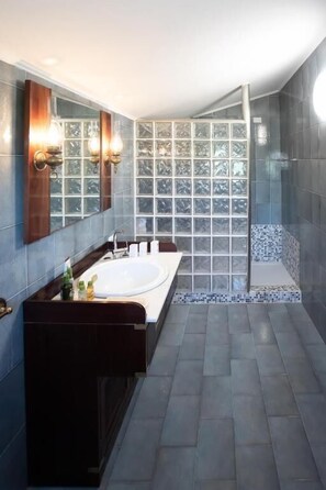 Shower, free toiletries, hair dryer, towels