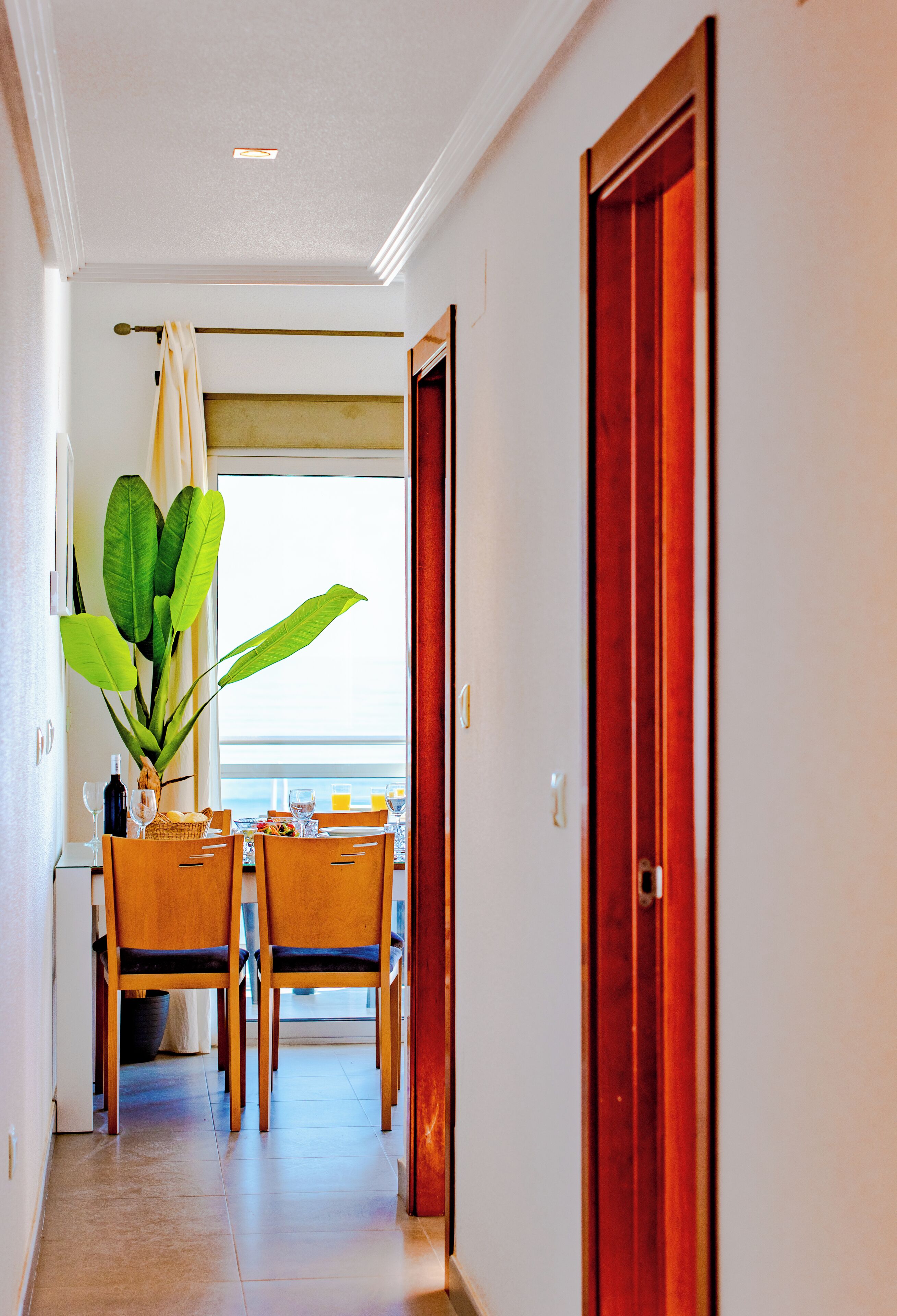 A hotel corridor with a dining area, wooden chairs, a table with a plant, and a view through a window.