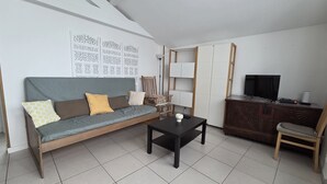 A living room with a sofa, a coffee table, a TV, and a cabinet. - Quiet little house in Bayonne (Bayonne)