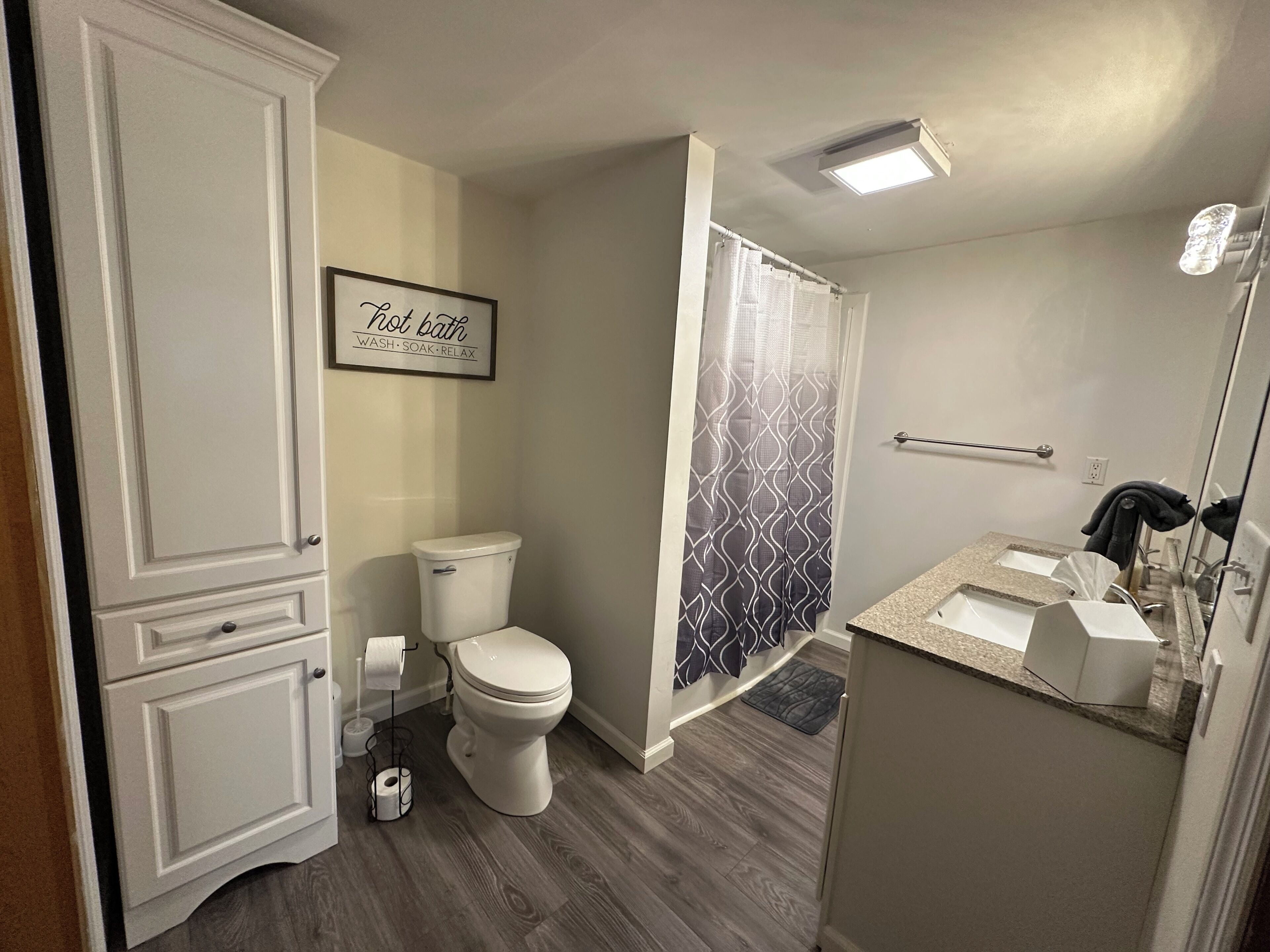 Hair dryer, towels, soap, toilet paper
