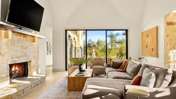 Smart TV, fireplace, books, offices