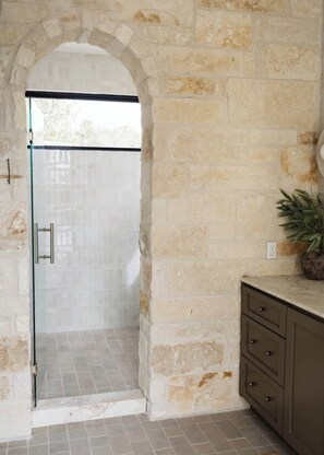 Shower, hair dryer, shampoo
