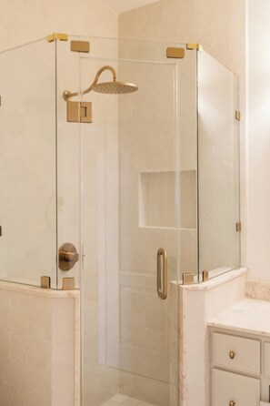 Shower, hair dryer, shampoo