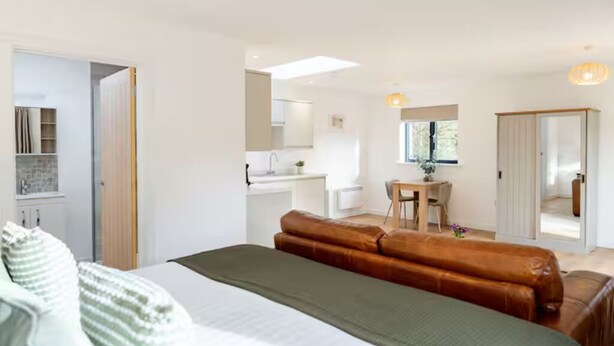 A modern bedroom with a bed, a sofa, a desk, and a view of the kitchen and living area.