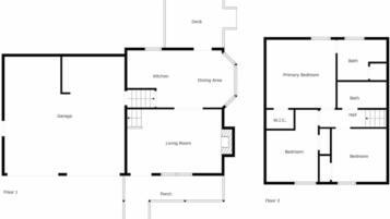 Plano de planta con garaje, sala de estar, comedor, cocina, porche y terraza.