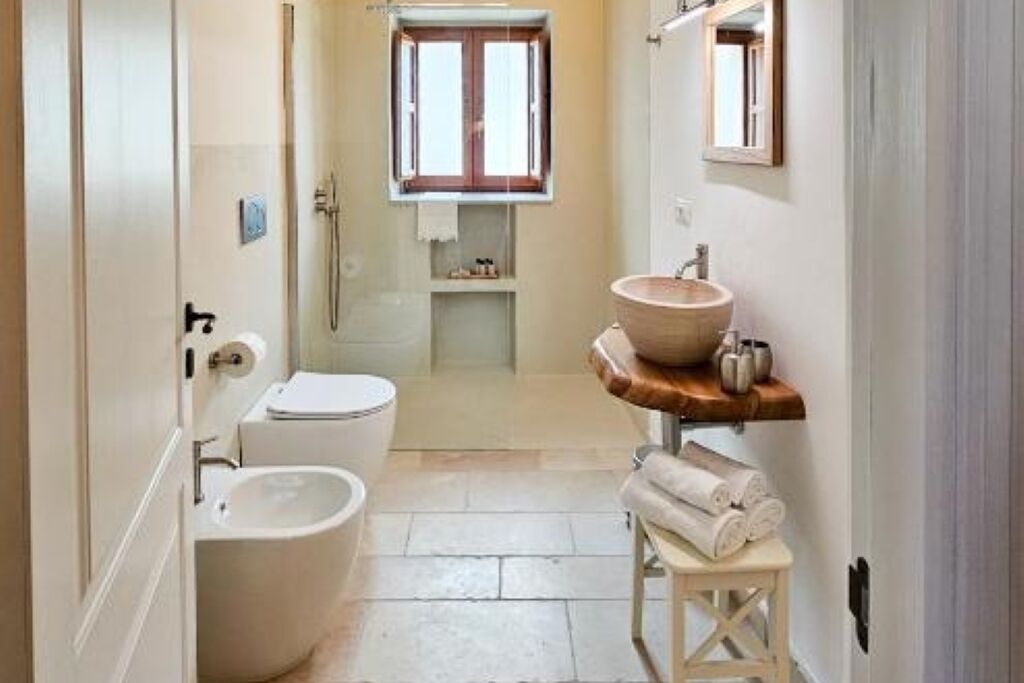 Shower, hair dryer, bidet, towels