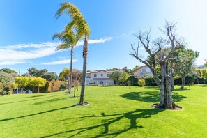 A well-maintained lawn with a few trees and a house in the background.