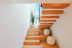 Eine moderne Treppe mit Holzstufen und einer Kakteenpflanze.