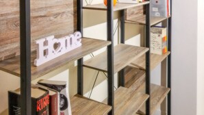 Una estantería con un cartel de 'Home', libros y un objeto decorativo.