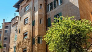 Un immeuble à plusieurs étages, doté d’une façade en pierre, de nombreuses fenêtres avec volets et d’un arbre au premier plan.