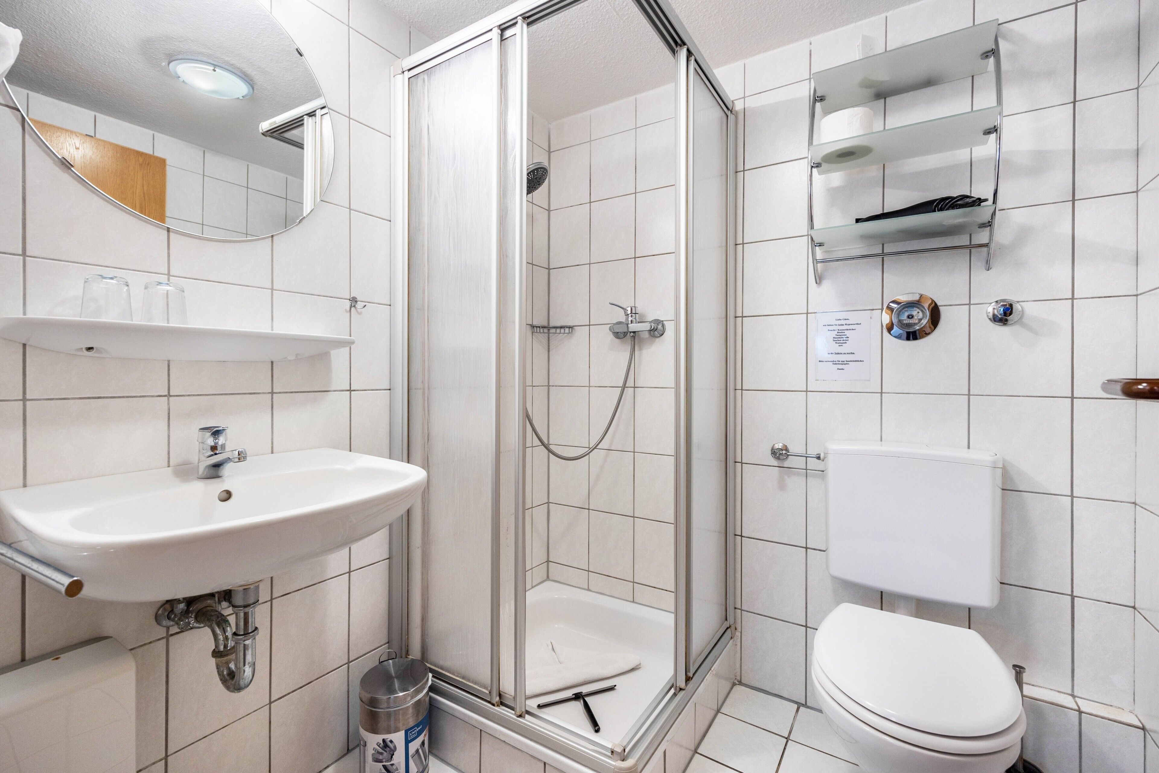 A bathroom with a sink, toilet, shower, and a mirror.