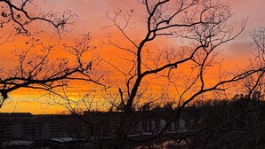 A sunset over a body of water with buildings in the background. - Lake front 1-bedroom condo in charming Osage Beach convenient location (Osage Beach)
