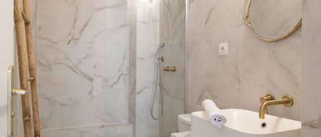 Shower, hair dryer, towels