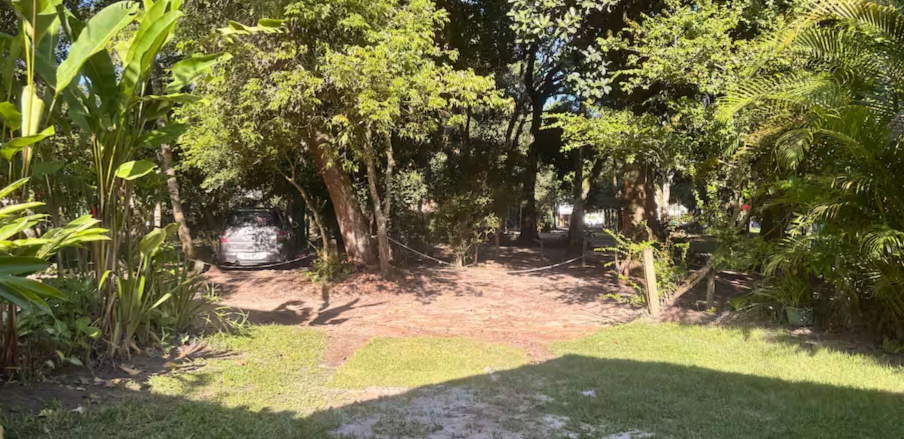 A garden with trees, a dirt path, and a parked car.