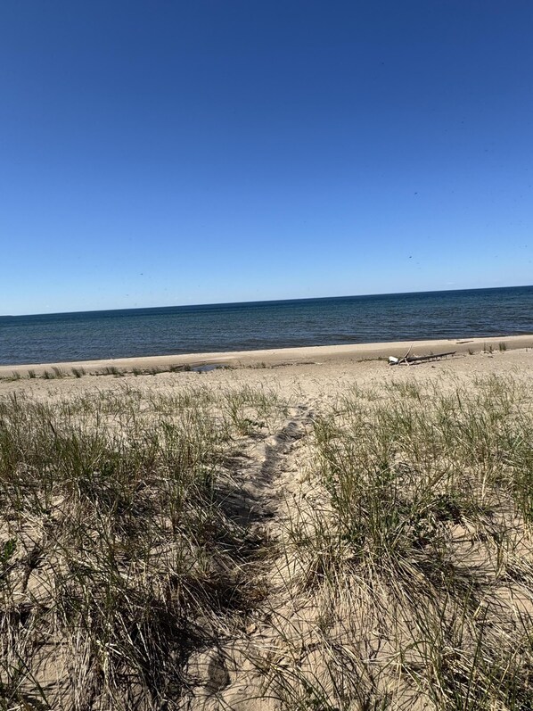 A beach with a clear sky, a sandy path, and the ocean in the background.