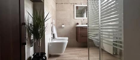 Shower, hair dryer, bidet, towels