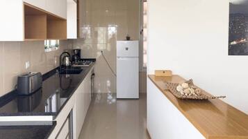 Frigorífico, microondas, horno y placa de cocina