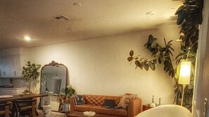 A living room with a sofa, coffee table, and potted plants.
