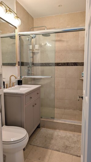 A bathroom with a glass-enclosed shower, a white sink, and a toilet. - Coral Gables Vacation House with Pool (Coral Gables)