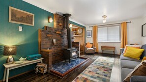 Smart TV, fireplace, books