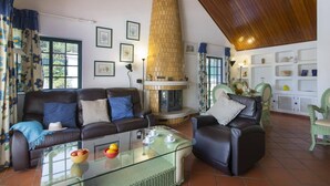 Un salon avec une cheminée, des canapés en cuir, une table basse en verre et un fauteuil vert.