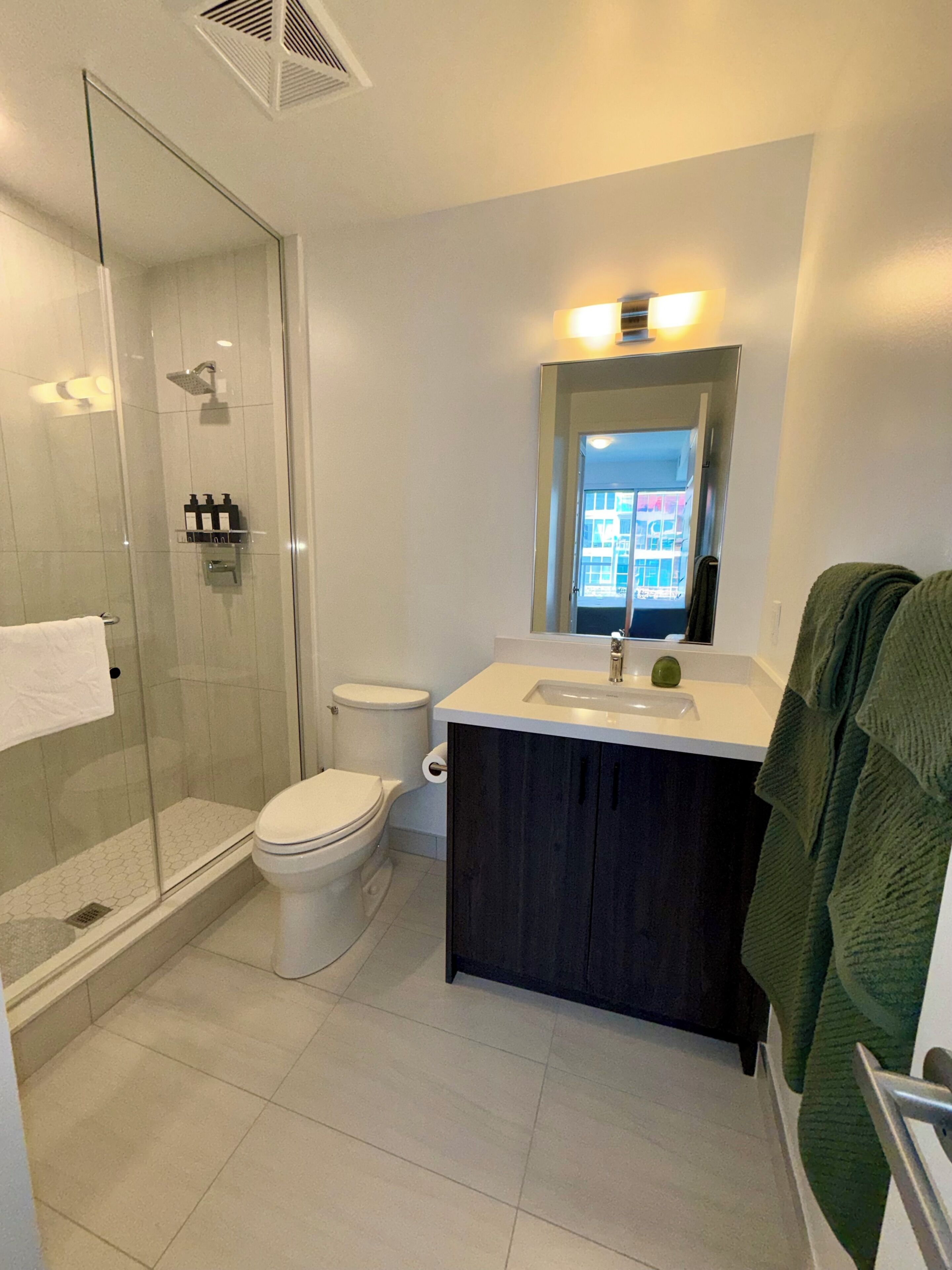 A bathroom with a glass-enclosed shower, a toilet, a sink with a mirror, and a towel rack.