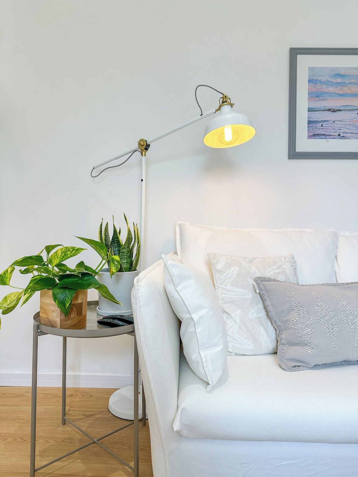 Ein modernes Wohnzimmer mit einem weißen Sofa, einer Stehlampe und zwei Blumentöpfen.