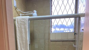 Un baño con inodoro, ducha con puerta de cristal y ventana con vistas.