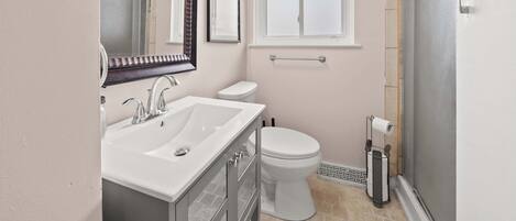 A bathroom with a white sink, a toilet, a shower, and a window.