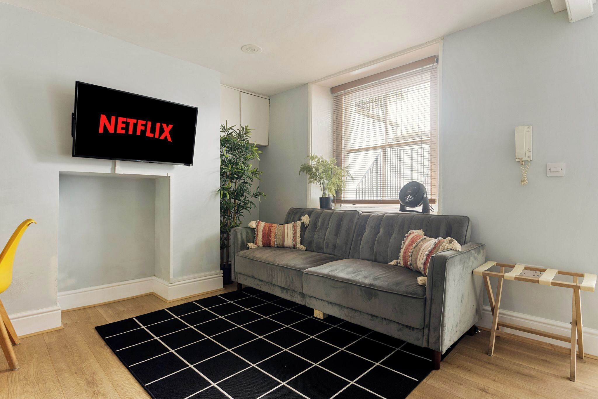 A living room with a grey sofa, a black rug, a TV displaying 'NETFLIX,' a potted plant, and a window with blinds.